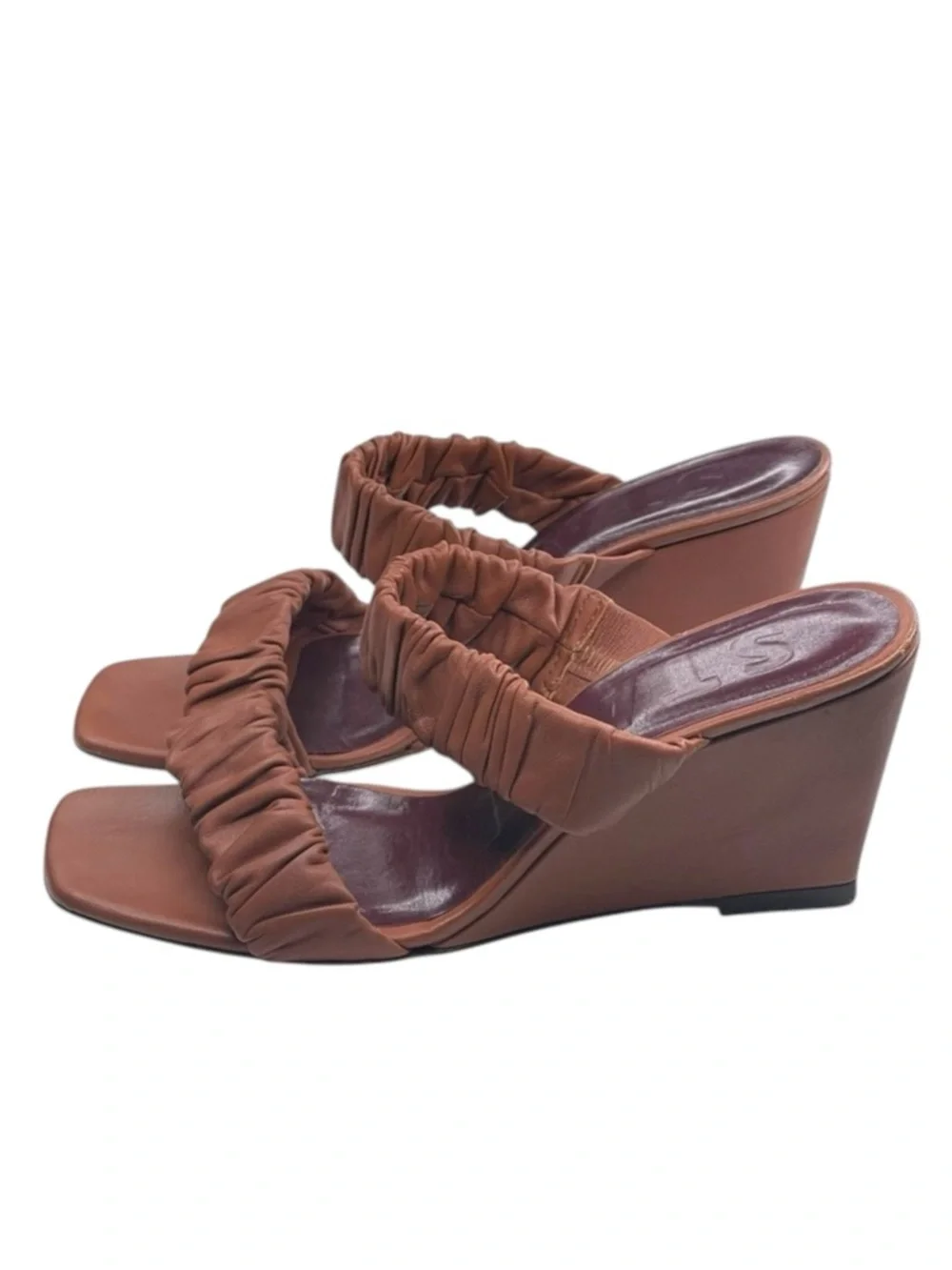 Staud 𒀭 Frankie Ruched 2 Strap Wedge Heel Sandals 𒀭Brown Leather 𒀭36 5.5M 6M